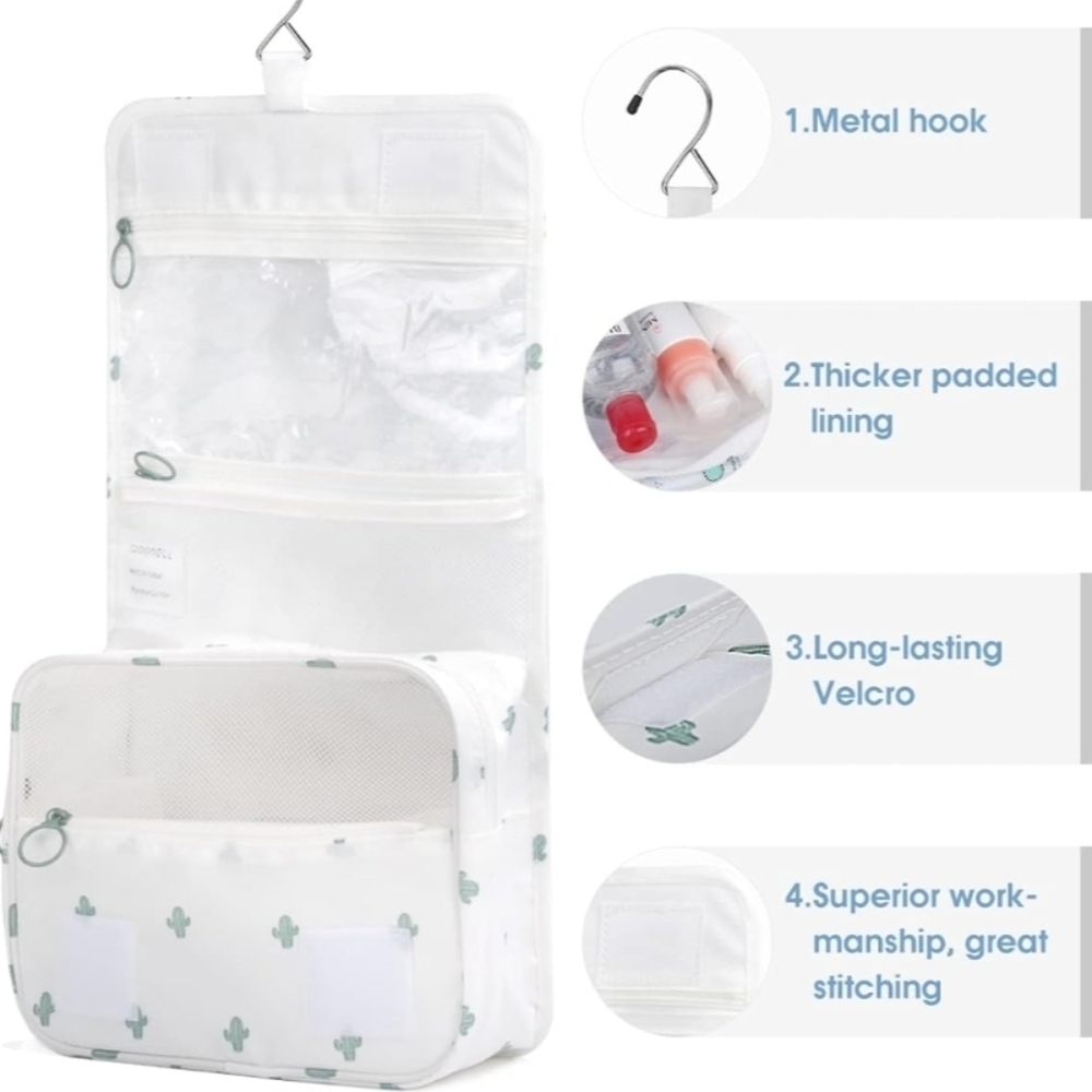 Narwey Small Hanging Travel Toiletry Bag, White And Cactus. New - Picture 4 of 5